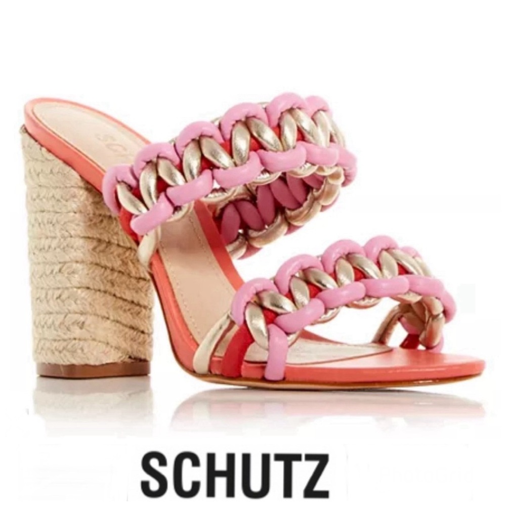 SCHUTZ Juliet Multicolor Woven Leather Open Toe Slip On Slides Heels Sandal Sz 8